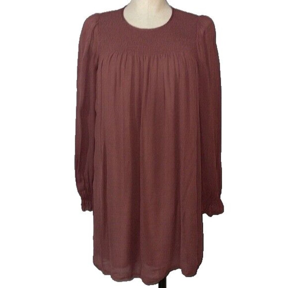 Wilfred Aritzia Babydoll Smocked Mini Dress size S Burgundy Crew Neck